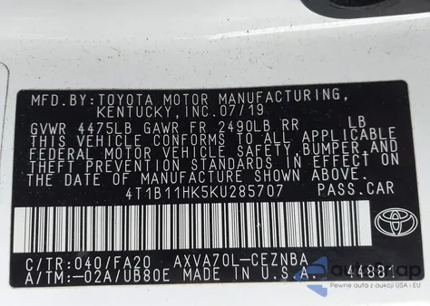 2019 Toyota Camry Le from USA, damaged, VIN 4T1B11HK5KU285707
